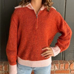 FRNCH Orange Sweater with Pink Trim Women’s Zip-Neck NWT